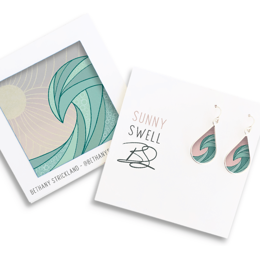 Bethany Strickland Art Earrings with Hawaiian Wave Painting