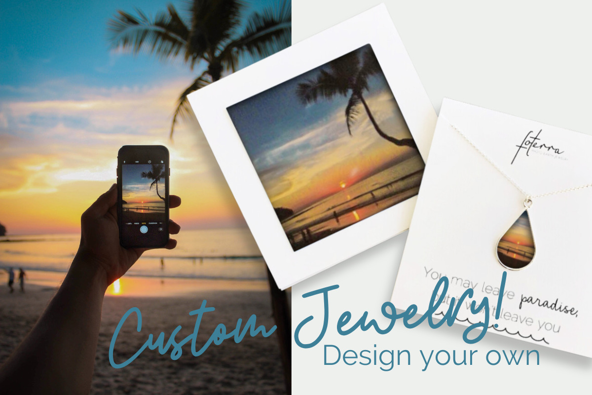 a person taking a photo of a sunset on their phone and a custom photo jewelry necklace using the same photo on the phone